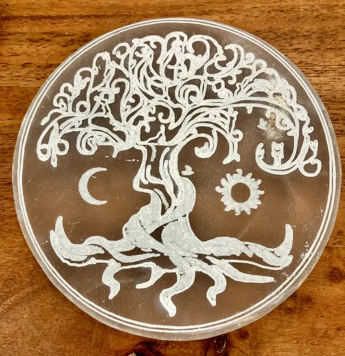 Plaque de rechargement en Sélénite - Arbre de vie Lune et Soleil