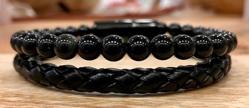 Bracelet double en cuir Obsidienne Noire 6mm